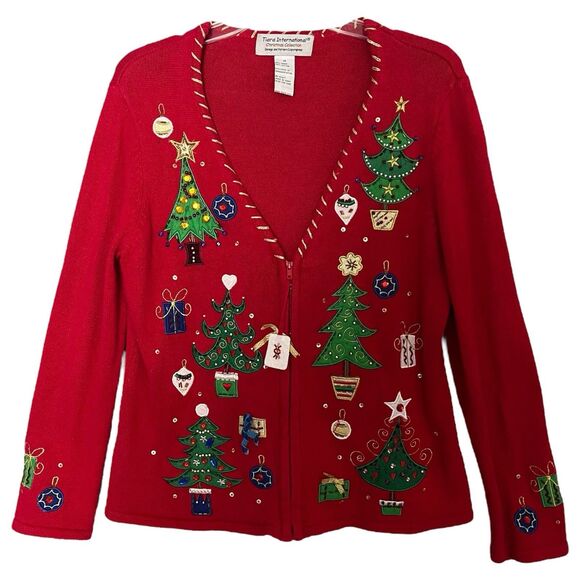 Tiara International Christmas Sweater Size M 3D Red Full Zip Cardigan Whipstitch - Picture 1 of 11